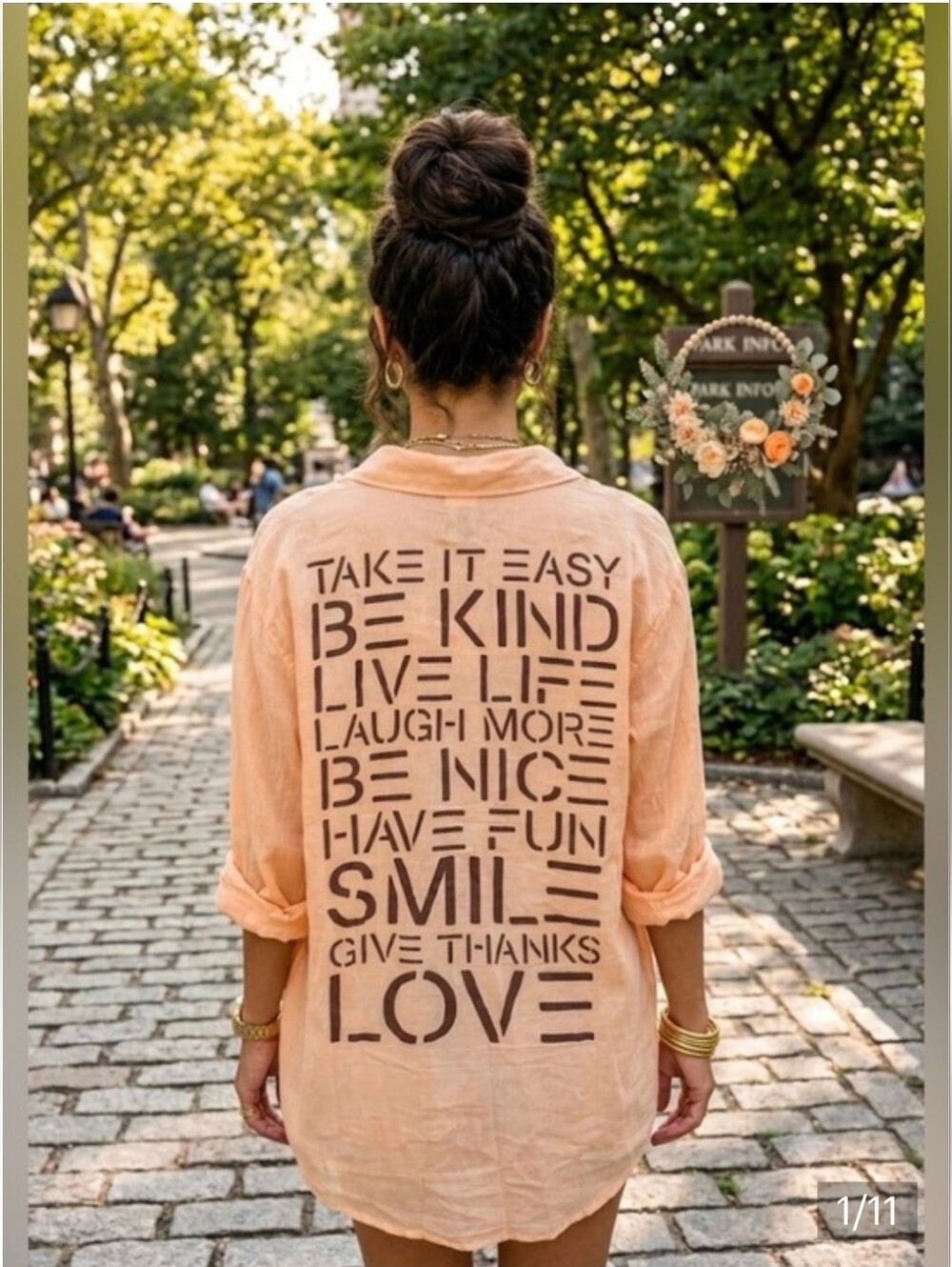 Womens Peach Graphic Button-Down Shirt - Positive Message Back